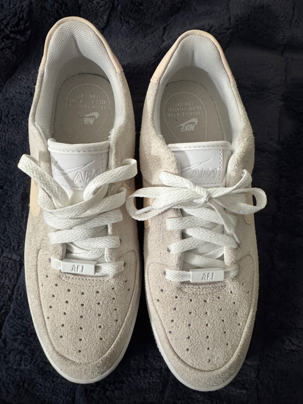 Nike Women’s Suede AF1 Low-Top Sneakers — Light Cream/Off-White with pink swoosh